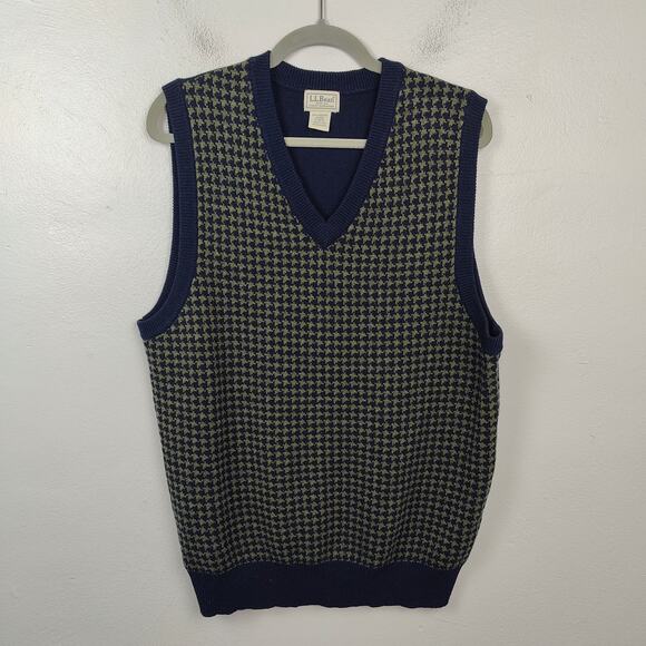 Vintage‎ L.L. Bean Vest Mens Medium Navy Blue Green Houndstooth 100% Lambswool - Picture 1 of 5